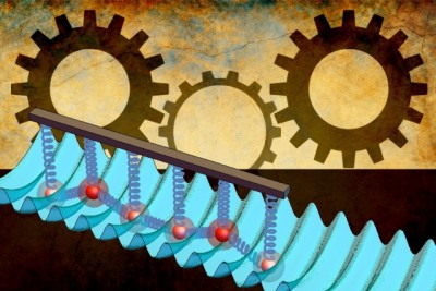 A new technique tunes friction between two surfaces, to the point where friction can vanish. MIT researchers developed a frictional interface at the atomic level. The blue corrugated surface represents an optical lattice; the red balls represent ions; the springs between them represent Coulomb forces between ions. By tuning the spacing of the ion crystal surface above to mismatch the bottom corrugated surface, friction disappears. The ions smoothly slide along the surface in a caterpillar-like motion. This discovery could aid in developing nanomachines, built from components the size of single molecules.  Illustration: Christine Daniloff/MIT