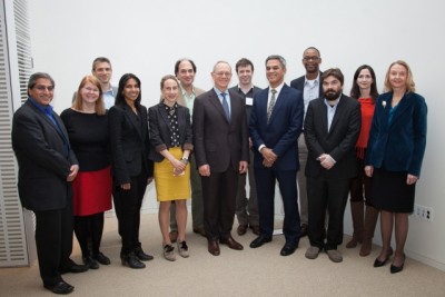 Current and past recipients stand with President L. Rafael Reif and Vanu Bose, son of Amar Bose. (Left to right): Rajeev Ram, Janet Conrad, Jeffrey Grossman, Sangeeta Bhatia, Polina Anikeeva, Nicholas Makris, President Reif, Joel Voldman, Vanu Bose, Jacquin Niles, Joseph Checkelsky, Sara Seager, and Sylvia Ceyer.  Photo: John Gillooly