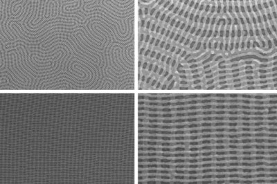 On the top row are two images of a nanomesh bilayer of PDMS cylinders in which the top layer is perpendicular to the complex orientation of the bottom layer. The bottom images show well-ordered nanomesh patterns of PDMS cylinders. The images on the right show zoomed-in views of the images on the left.  Courtesy of the researchers